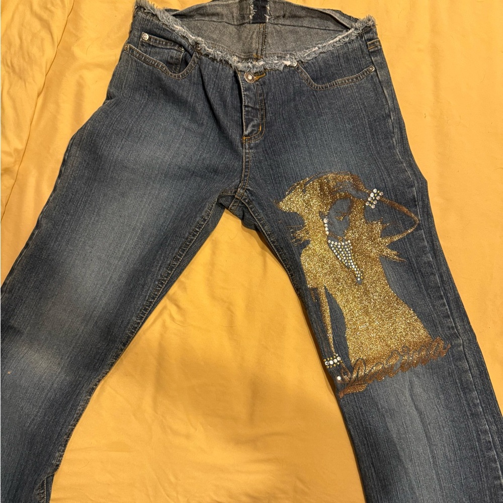 Unique Vintage JLo military face Stylish Blue Jeans with Gold Accents